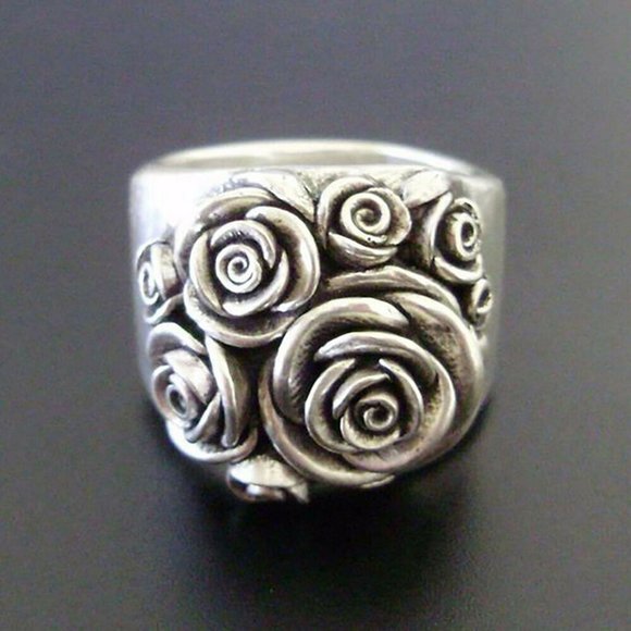 NEW 925 Silver Rose Flower Vintage Wide Band Ring - Picture 4 of 5